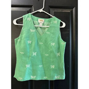 Talbots Trish Linen Green Butterfly V-Neck Crop Top Size 4 Petite